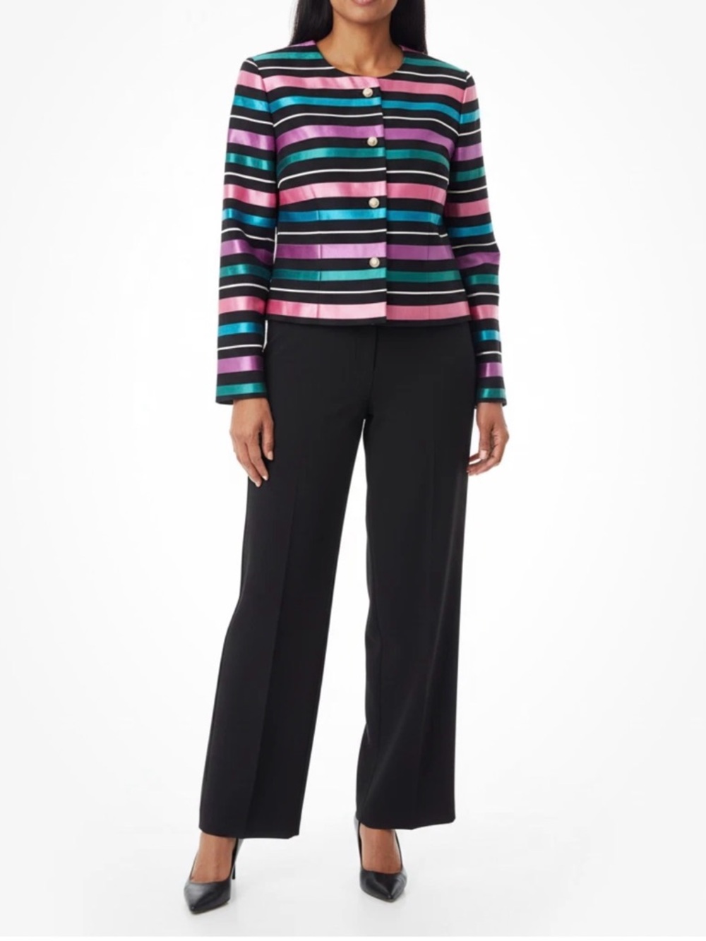 Talbots vintage retro multicolor pastel stripe blazer jacket pearl button size 4